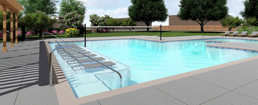 Design vizualization of a backyard pool with volleyball net.